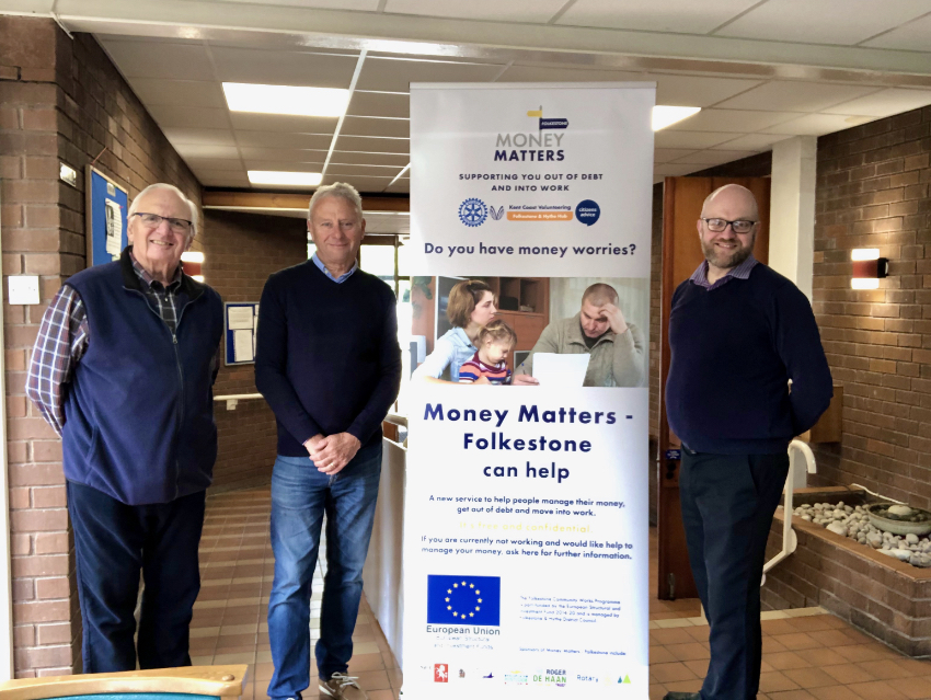 MMF launches at the Folkestone Foodbank, 7 June 2019. L to R Terry Cooke-Davies, Dave Roseveare, Paul Wainwright (Money Adviser)